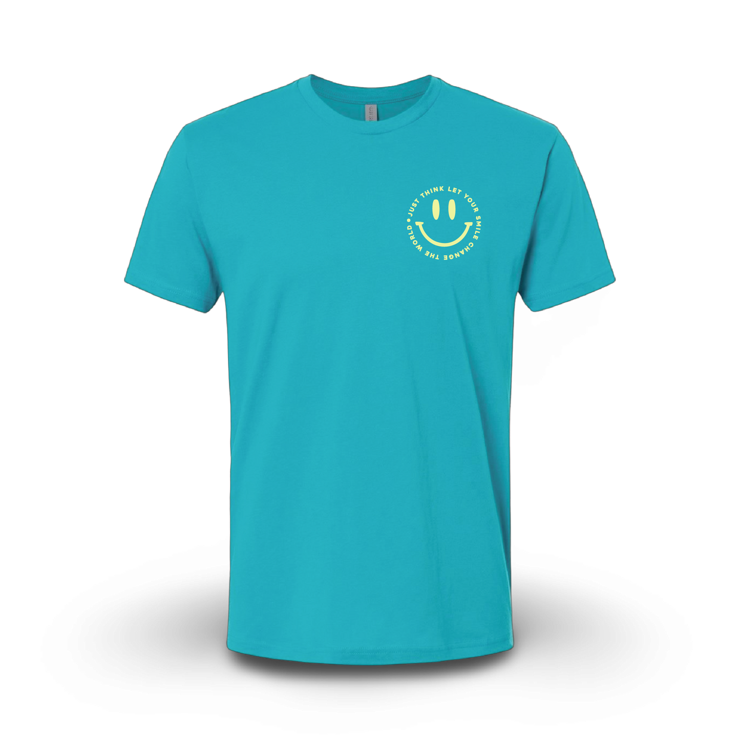 A blue t-shirt with a smiley face design on the front.