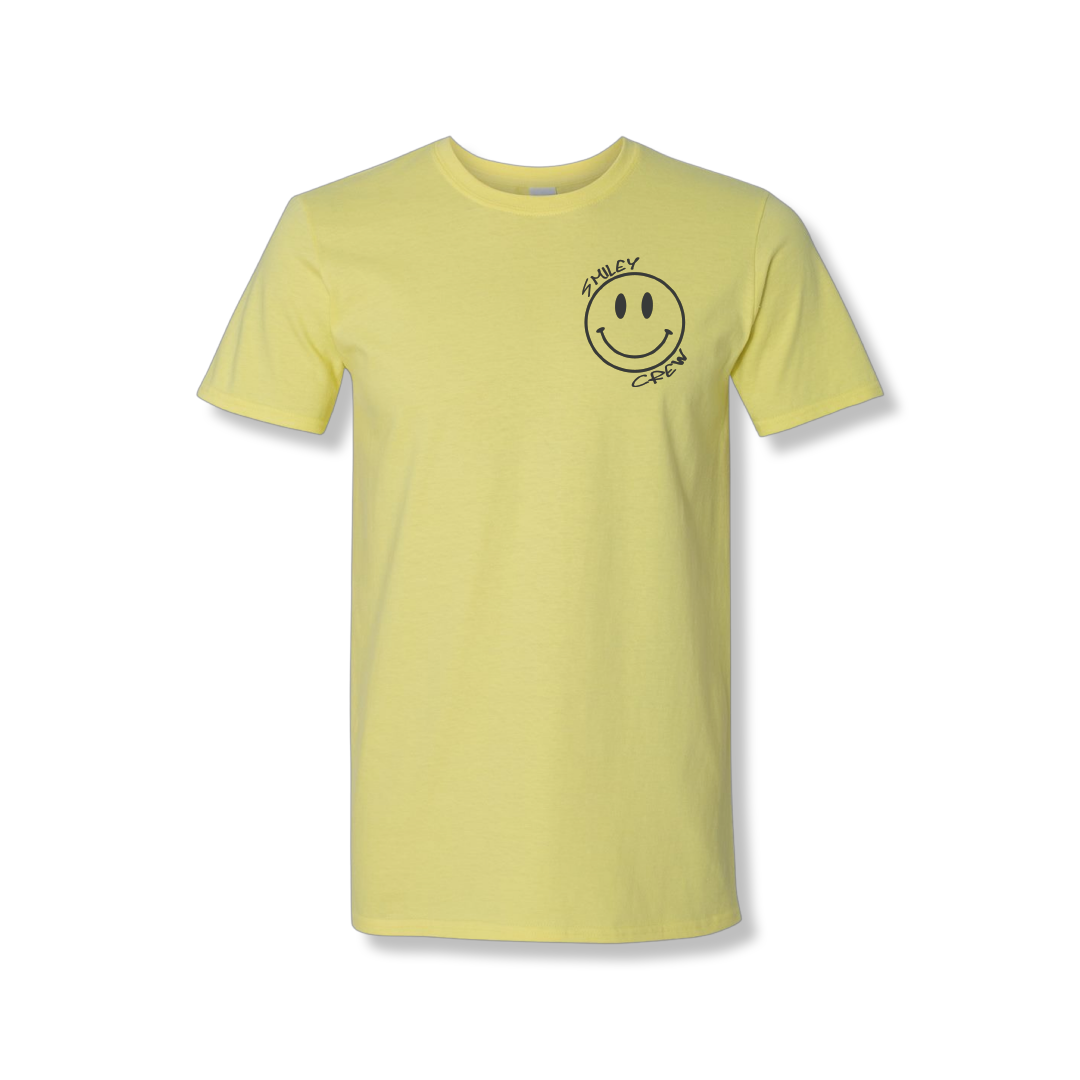 Unisex Smiley Crew T-shirt by The JT Way featuring a cheerful yellow smiley face design on a casual tee.