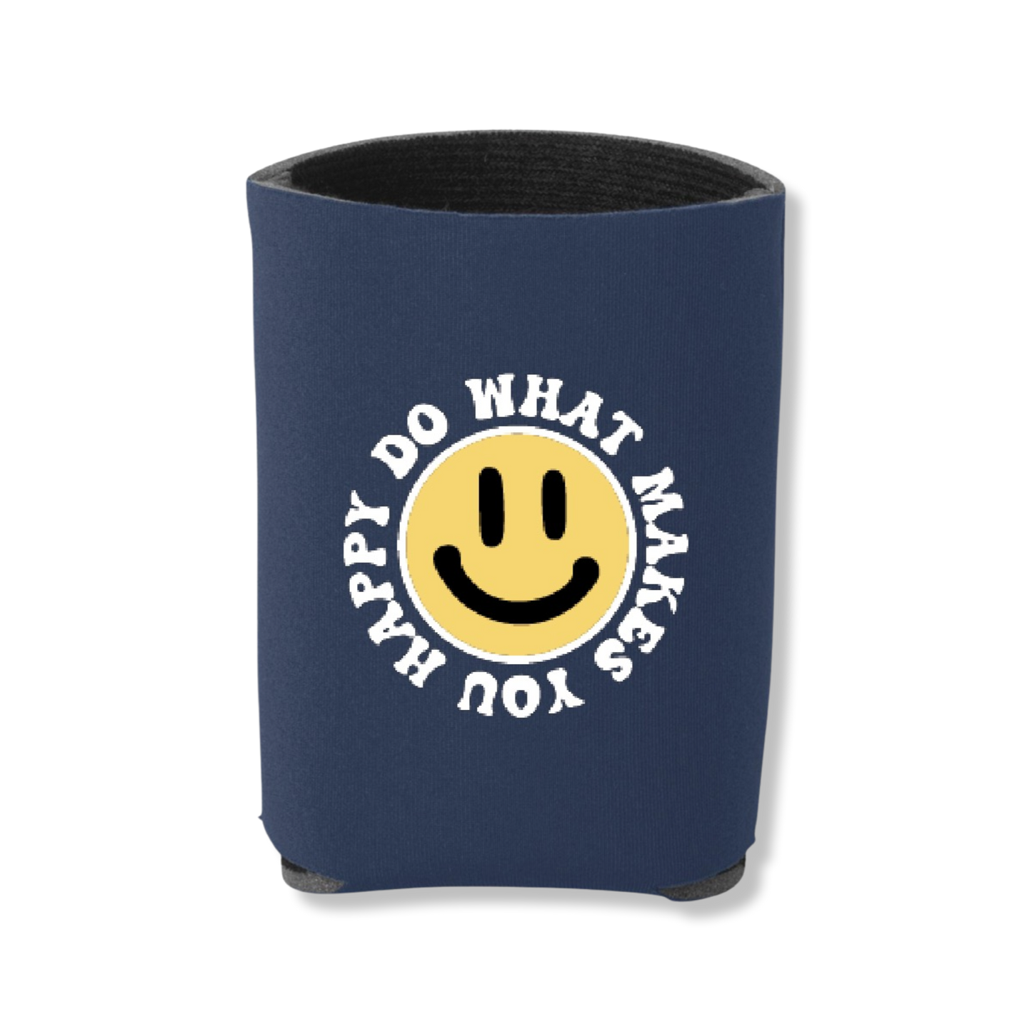 Gray Coozie from The JT way with "Just Think Happy" slogan, snugly fits around a beverage to keep drinks cold.