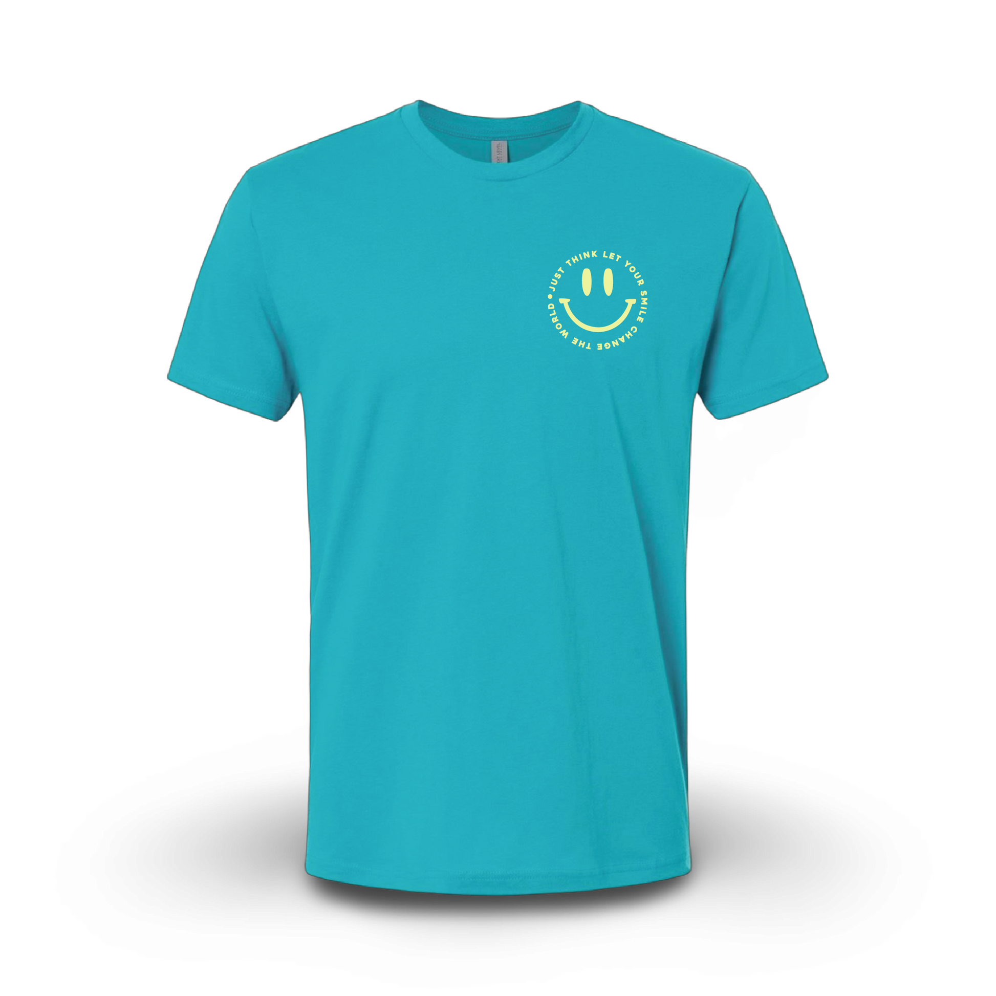 A blue t-shirt with a smiley face design on the front.