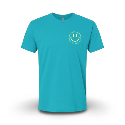 A blue t-shirt with a smiley face design on the front.