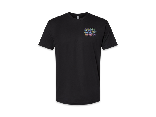 Black t-shirt with colorful graphic on a white background