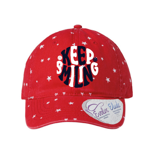 Keep Smiling Red White and Blue Ladies Fashion Print Cap