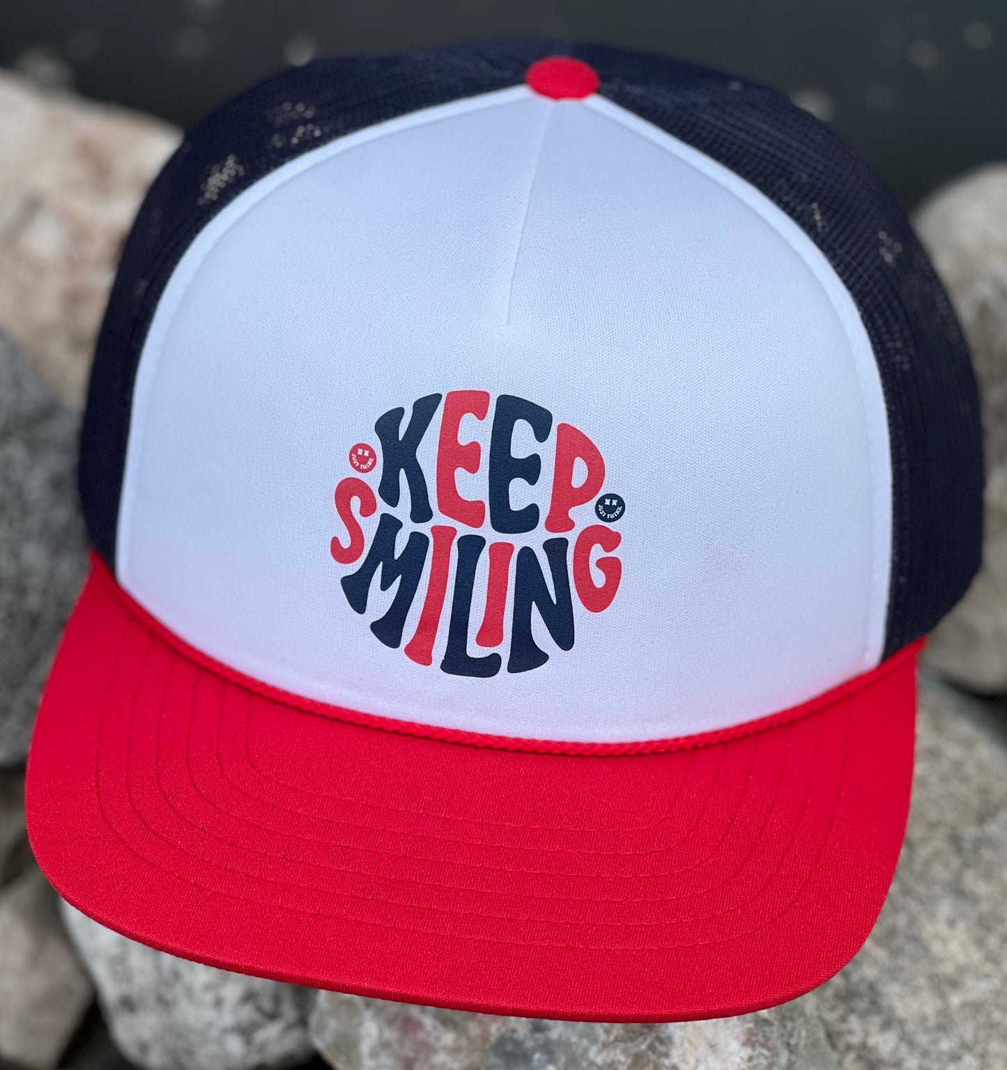 Keep Smiling Red White and Blue -Trucker Hat